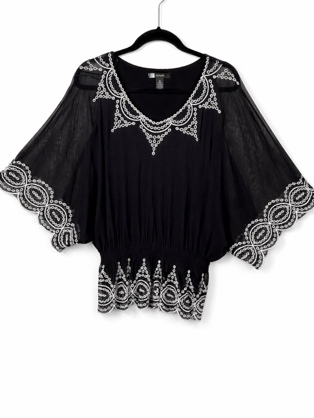 Alfani Black White Embroidered Sheer Blouson Poncho Sleeve Top Dark Bohemian Med